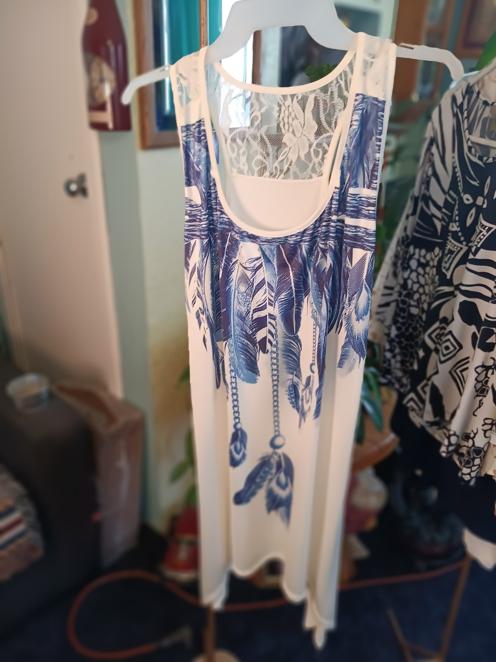 Sleeveless White Dress with Blue Feather Print